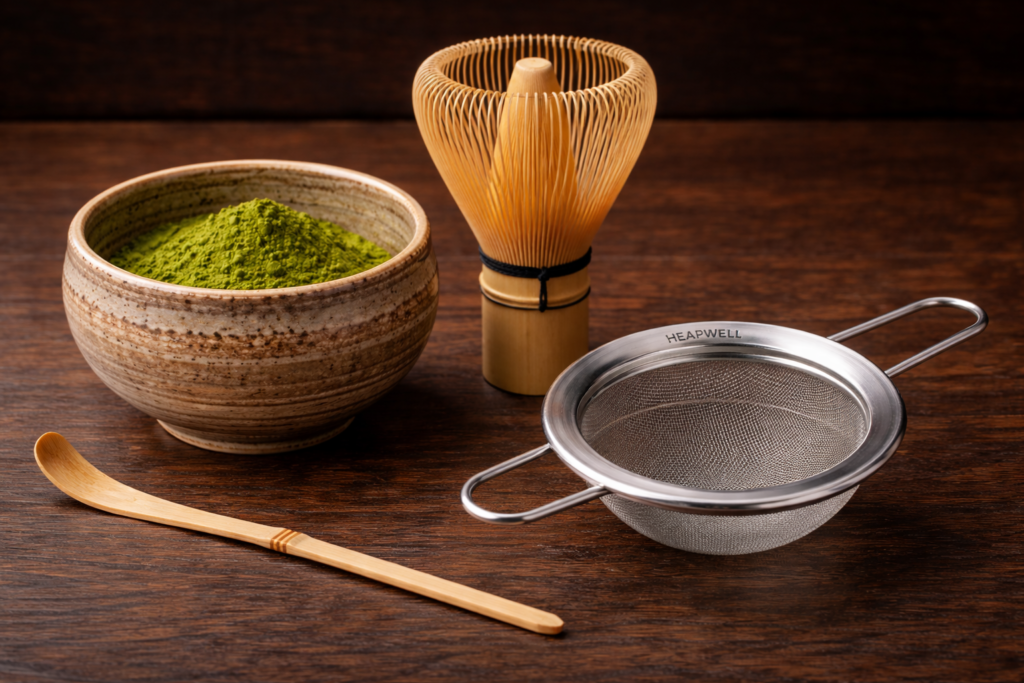 1 - Coloca tus utensilios frente a ti: el chawan, el chasen, la cucharilla de bambú y el colador fino.