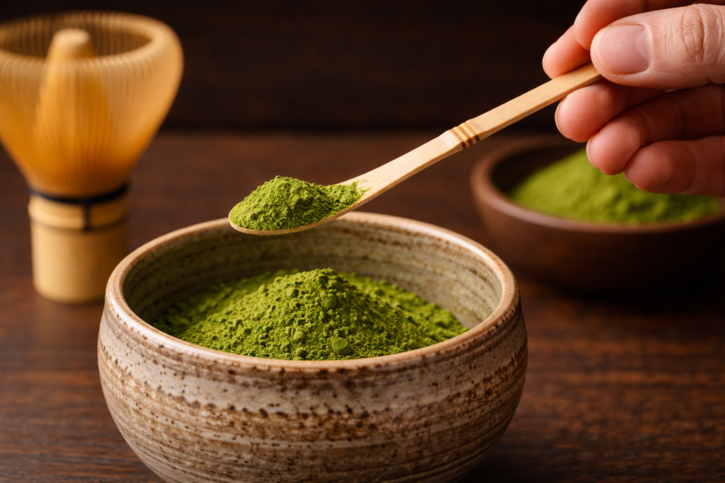 El chashaku es la cucharilla de bambú tallada a mano que los maestros del té usan para dosificar el matcha.