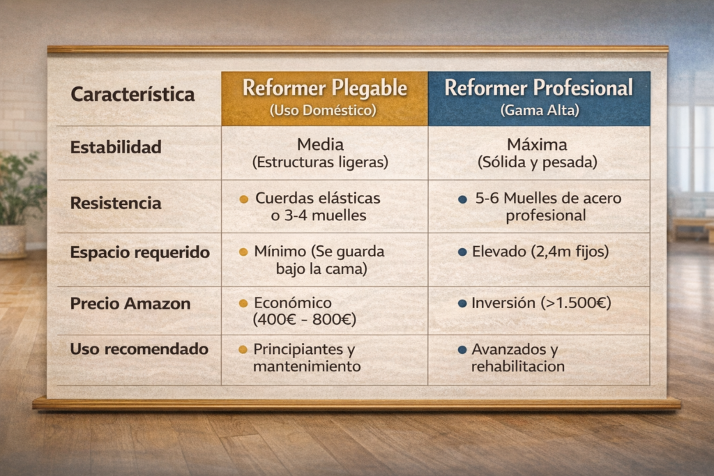 Tabla Comparativa Pilates Reformer Plegable vs Profesional