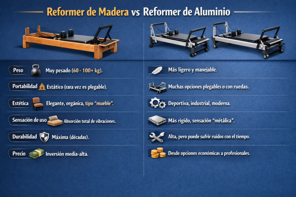 Tabla comparativa Pilates Reformer de Madera vs Pilates Reformer de Aluminio