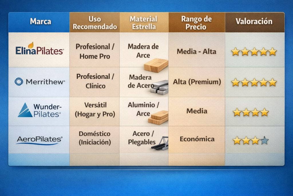 Tabla comparativa de las mejores marcas de Pilates Reformer